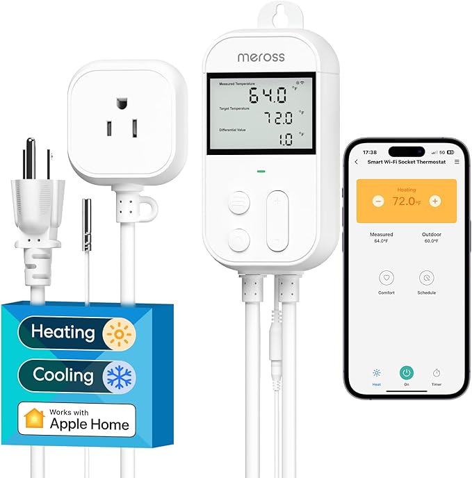 meross Smart Temperature Controller 15A 1800W, Smart Wi-Fi Thermostat Controlled Outlet Plug Works with Apple Home, Alexa, Google Home for Heating Cooling Homebrew Fermentation Reptiles Greenhouse