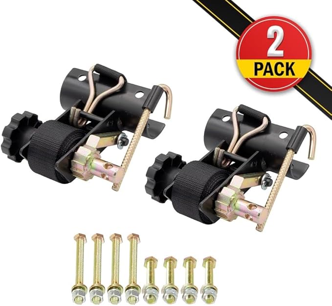 Mytee Products 2 Pack 1-1/2" x 7' Ladder-Rack Ratchet Tie-Down Straps Pair with Round Tube Mount & Double J Hook – Heavy-Duty Zinc-Plated & Black Powder-Coated for Truck Rack Load Securement