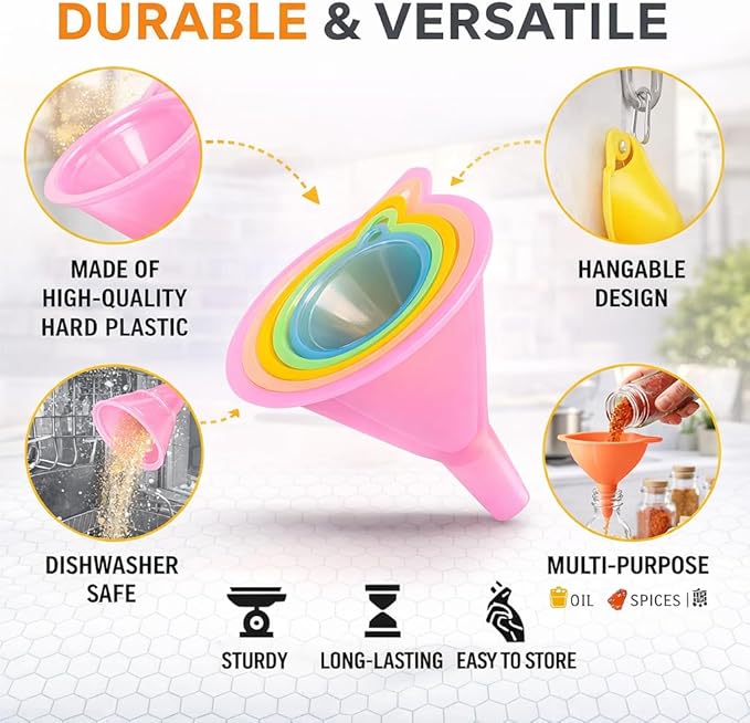 iSnuff Kitchen Funnel Set with 5 Sizes, Small to Large Plastic Cooking Funnel with Narrow Spout for Filling Bottles, Jars, Bowls, Spices, Powder Funnels, Essential Oils