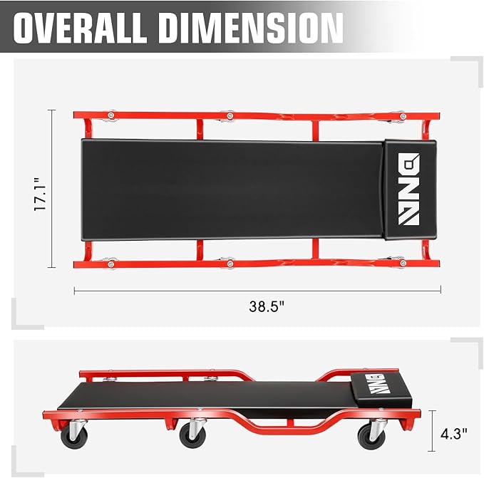 DNA Motoring 40inch Low Profile Plastic Rolling Garage Shop Creeper, Heavy Duty Creeper for Garage, Warehouse, Car Repair Shop, TOOLS-00638-BK-RD