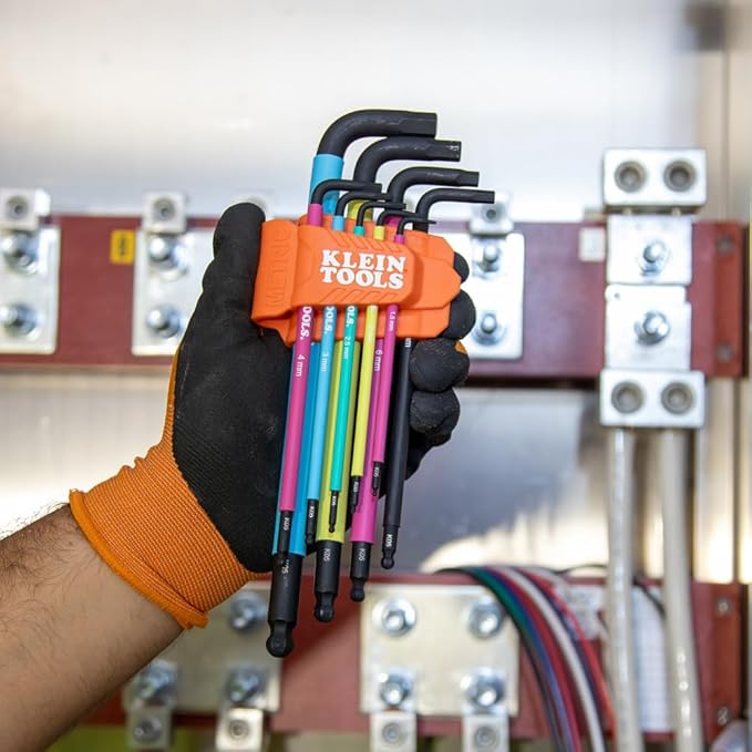 Klein Tools BLS9M 9-Piece Metric Ball End Hex Key Caddy Set, Color-Coded L Style, Extra-Long, Heat-Treated, 1.5 to 10 mm