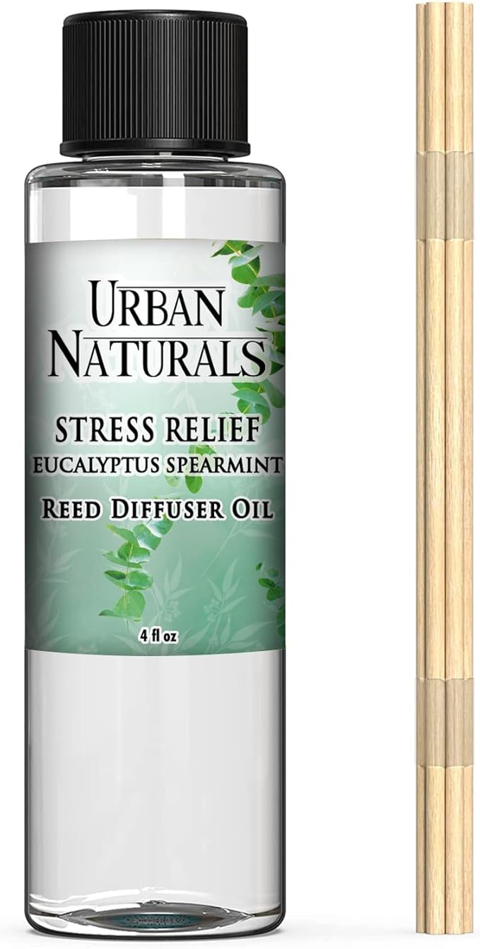 Urban Naturals Stress Relief Eucalyptus Spearmint Reed Diffuser Oil Refill | Fill Your own DIY Diffuser Bottle! Includes Replacement Reed Sticks