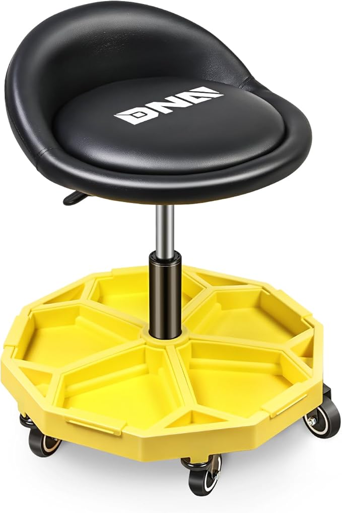 DNA Motoring 350 LBS Rolling Garage Stool, 20.5'' to 25.2'' Adjustable Height Foam-pad Seat, Round Tools Stool, Heavy Duty 3'' Wheels with 2 Brakes, TOOLS-00431