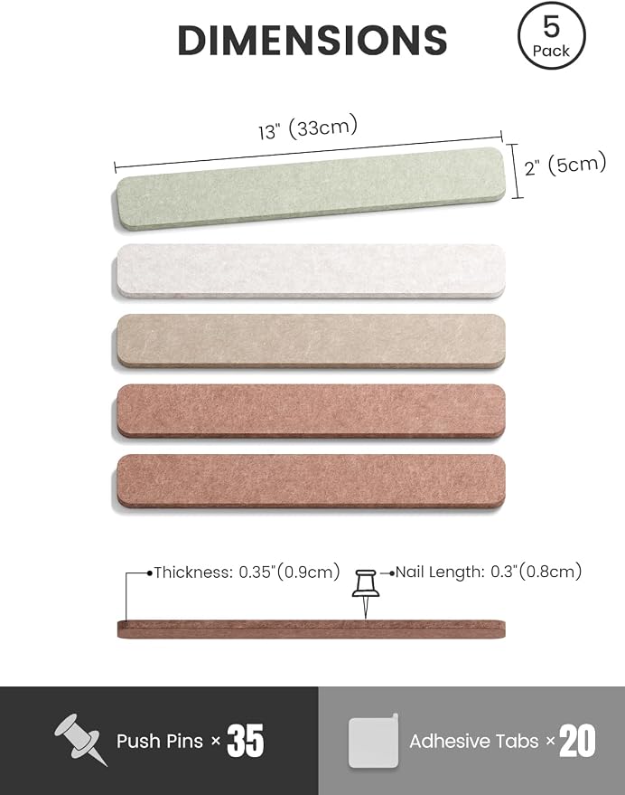 Fluxynara 13" x 2" Felt Wall Panels, Boho | 5-Pack Cork Board Alternative with 35 Push Pins, Adhesive Mounting for Bedroom Door or Home Office