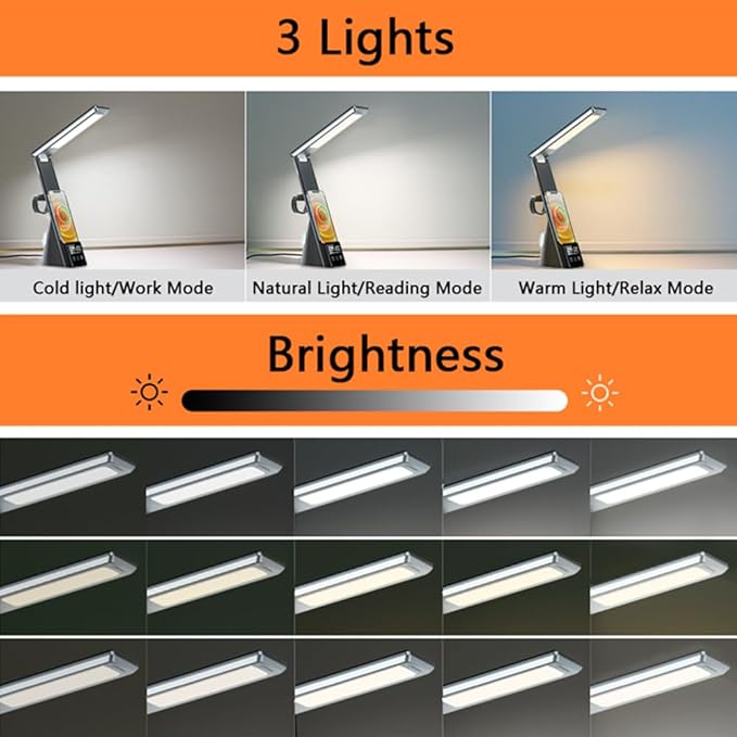 IHAO 6in1 Multifunctional Foldable LED Desk Lamp with Wireless Charger Digital Alarm Clock Eye-Care Lighting 3 Color Modes 15W Qi Charger for Phone/Headphones, Apple Watch Compatible-Black