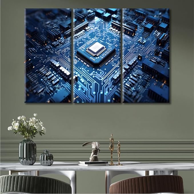 3 Panels Circuit Board Pictures Canvas Wall Art Technology Blue AI Paintings Prints on Canvas Chip Modern Artwork Pictures for Living Room Bedroom Giclee Framed Ready to Hang (36"Wx24"H)