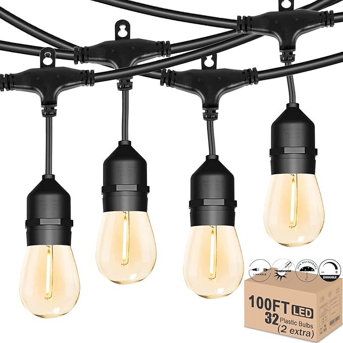 Outdoor Patio String Lights 100FT Waterproof IP65 Heavy Duty String Lights for Outside Lights for Yard with 30+2 Shatterproof 2200K LED Bulbs Connectable