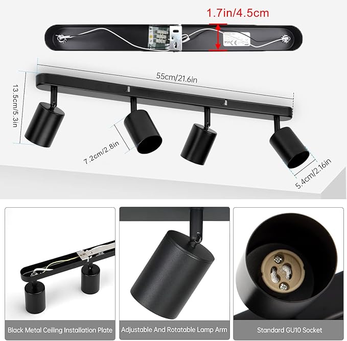 4 Way Track Lighting Kit Flexibly Rotatable Track Light Ceiling Kitchen LED Ceiling spot Light for Bedroom, Picture Wall, Hallway, Office, Bar, GU10 Socket (Black-4)