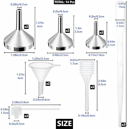 14 Pcs Small Funnel Set, Silver Aluminium Metal Mini Funnels, Clear Plastic Dropper Plastic Dispenser for Bottle Filing Essential Oil, Liquid, Glitter Powder, Perfume, Cosmetics, Crafts, Sand