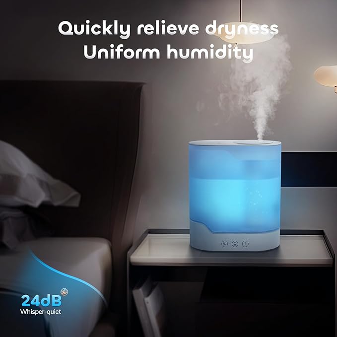 YOGIN Air Humidifier for Bedroom, 3L Top-Fill Cool Mist Humidifier & Essential Oil Diffuser, Ultra-Quiet <24dB, Smart Humidity Control, Up to 40H Runtime