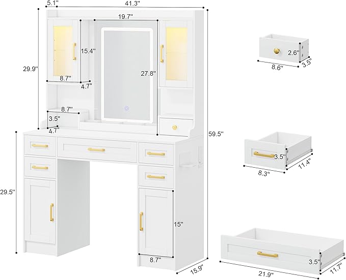 NUNU LAB Large White Vanity Desk with Mirror and Lights with 5 Drawers, Women Makeup Table with Power Outlet, 3-Color Adjustable Lighting for Bedroom Brown