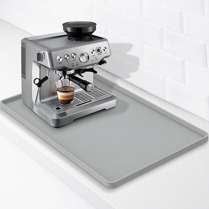 Silicone Coffee Mat 24"x16", Single Piece Anti-Vibration Under Coffee Maker Mat, Non-Slip Espresso Machine Mat with 10mm Raised Edge, Noise Reduction Countertop Protector, Fits Breville Ninja Keurig