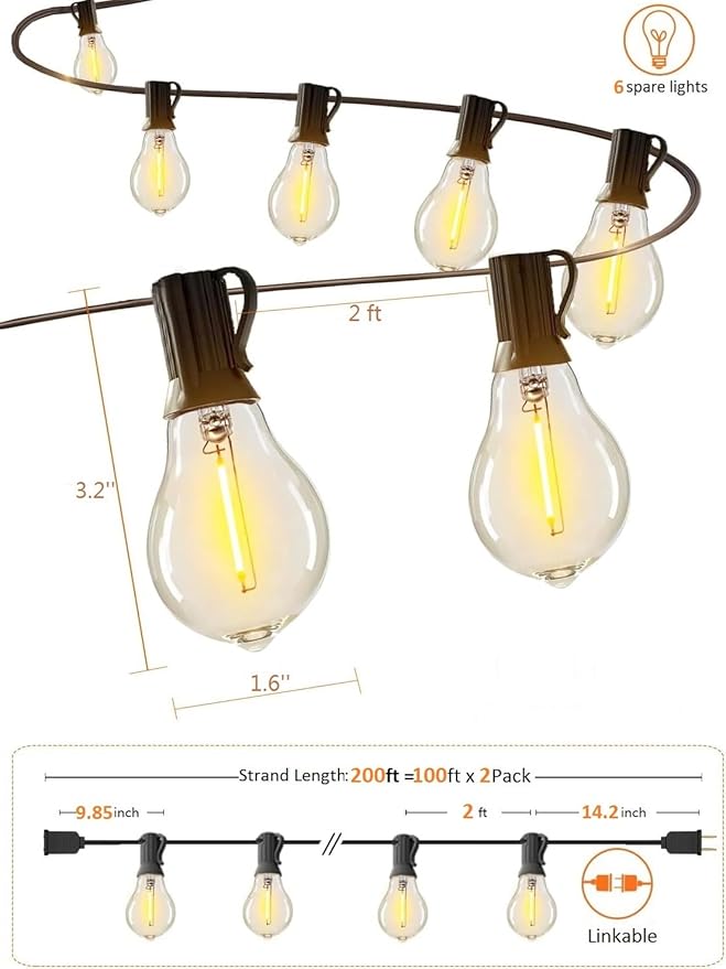 String Lights for Outside 200 FT Outdoor String Lights Waterproof with 100+6ea A39 Shatterproof Warm Bistro Lights for Patio Gazebo Backyard Garden, 2x100FT Linkable