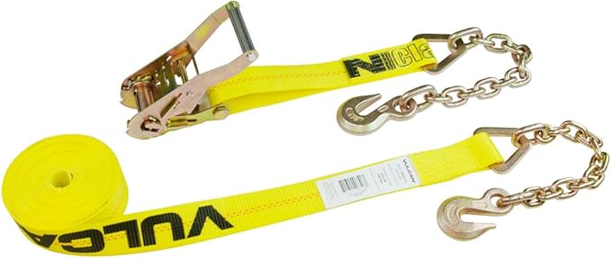 VULCAN Ratchet Strap with Chain Anchors - 2 Inch x 30 Foot - Classic Yellow - Case of 3-3,600 Pound Safe Working Load