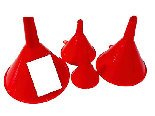 Funnel for Kitchen Use – Red Set in 4 Sizes (122, 101, 76 & 50mm) | Durable, Non-Toxic Food Grade Plastic – Ideal for Filling Bottles, Jars & Containers | Perfect for Kitchen, Garage & Labs