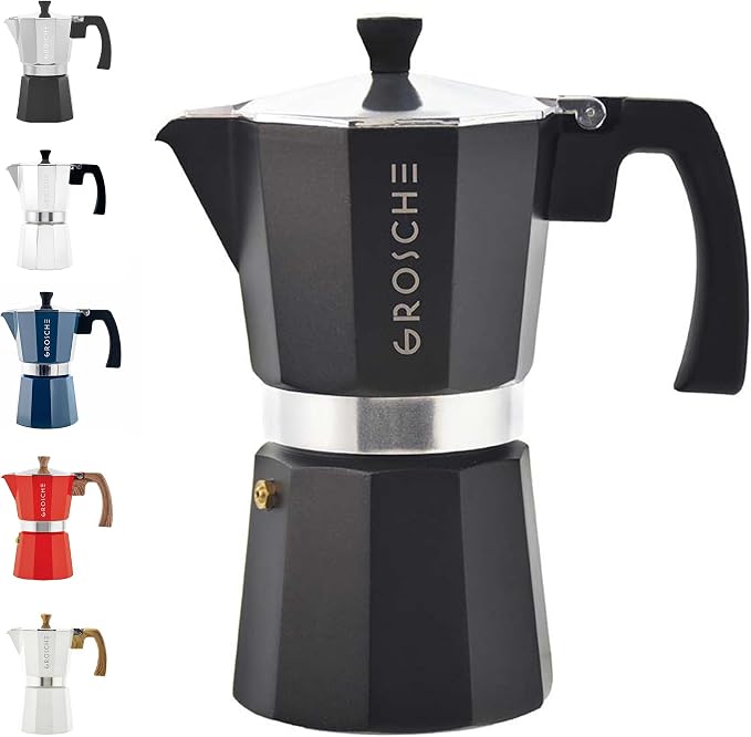 GROSCHE Milano Stovetop Espresso Maker Moka Pot 6 espresso Cup, 9.3oz Black | Cuban Coffee Maker And Italian Moka Pot For Stovetop Espresso; For Gas, Electric, And Propane Stoves With A Soft-Touch Handle