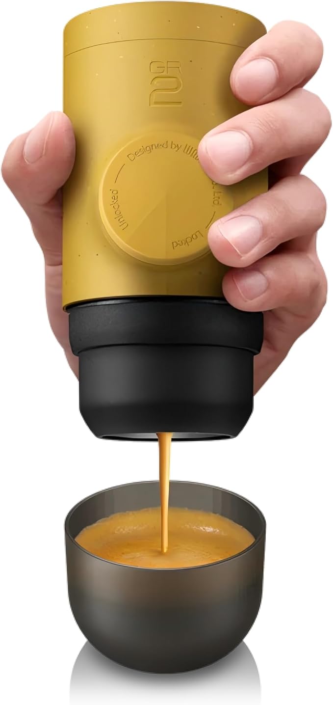 WACACO Minipresso GR2, Portable Espresso Maker Compatible Ground Coffee, Espresso Machine 18 Bar Manually Operated (Golden Ochre)