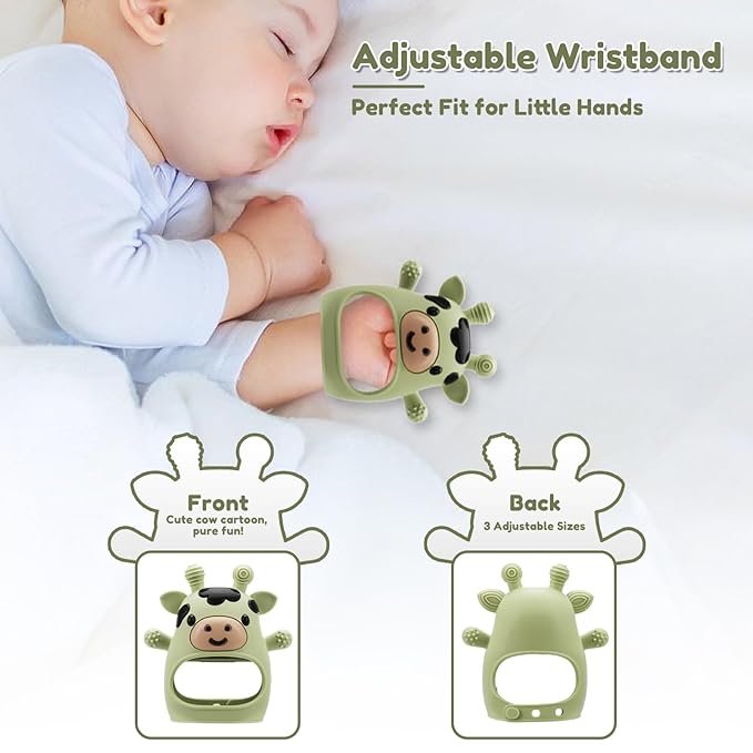 2 Pack Baby Teething Toys 0-6 6-12 Months, Adjustable Anti Dropping Wrist Teething Mittens, Food Grade Silicone Baby Chew Toys for Sucking Needs Teether for Newborns Infants Teething Relief