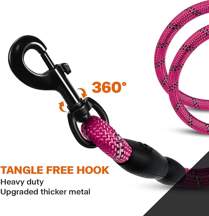 Taglory Rope Dog Leash 6 FT with Comfortable Padded Handle, Highly Reflective Threads Leash and Anti-Tangle Clip for Walking Medium Large Dogs, 1/2 inch, Hotpink