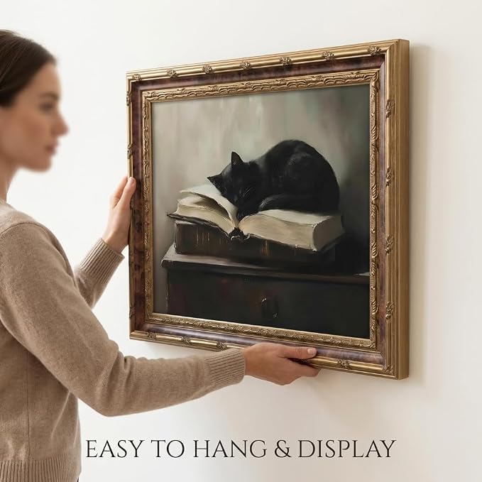 Vintage Moody Gothic Black Cat Wall Art, Dark Academia Cat Canvas Print, | Sleeping Cat on Antique Books Painting Poster, Literary Picture Wall Decor for Living Room Bedroom Office 12x16 In