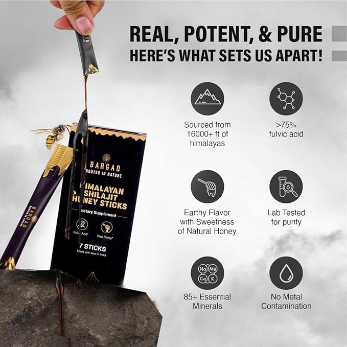 BARGAD Pure Himalayan Shilajit Sticks with Organic Honey & Saffron (7 Count) | Easy Single Use Shilajit Sticks | Boosts Energy & Immunity with 85+ Trace Minerals, 75%+ Fulvic Acid