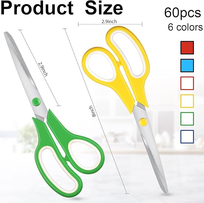 60 Pcs Scissors Bulk 8" School Fabric Scissors Comfortable Grip Handle for Office Home School Sewing Craft Fabric Supplies with Soft Handle Right/Left Handed