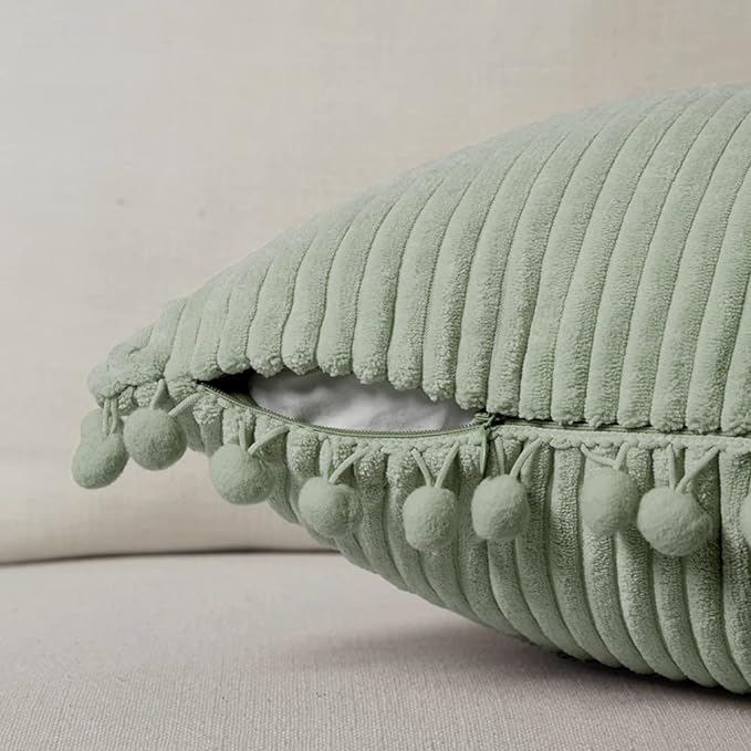 Fancy Homi Pack of 2 Sage Green Euro Decorative Throw Pillow Covers 26x26 Inch with Pom-poms, Soft Corduroy Solid Square Cushion Case for Couch Sofa Bedroom Car Living Room 66x66 cm