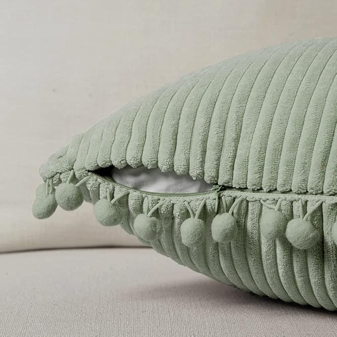 Fancy Homi Pack of 2 Sage Green Decorative Throw Pillow Covers 22x22 Inch with Pom-poms, Soft Corduroy Solid Square Cushion Case for Couch Sofa Bedroom Car Living Room 55x55 cm