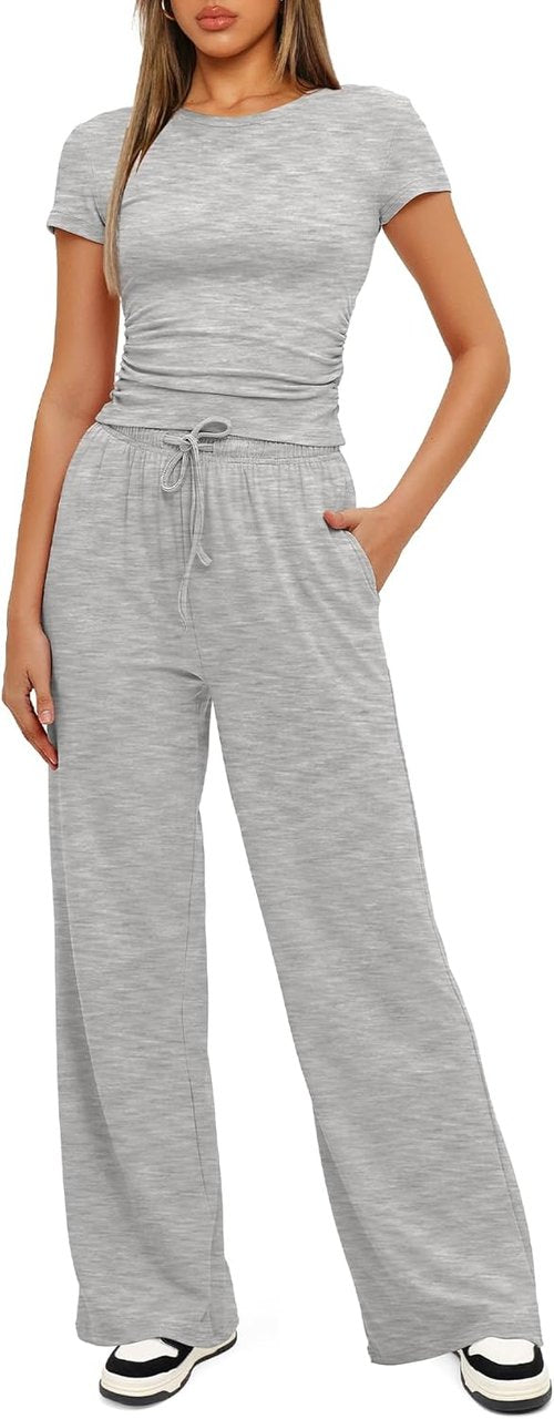 Darong Women's Summer Lounge Set - Side Ruched Crop Top & Wide Leg Pants | Stylish Comfort Outfit
