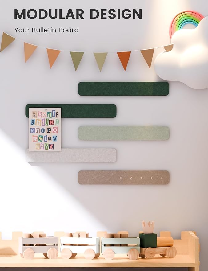 Fluxynara 13" x 2" Felt Wall Panels, Nordic Moss | 5-Pack Cork Board Alternative with 35 Push Pins, Adhesive Mounting for Bedroom Door or Home Office
