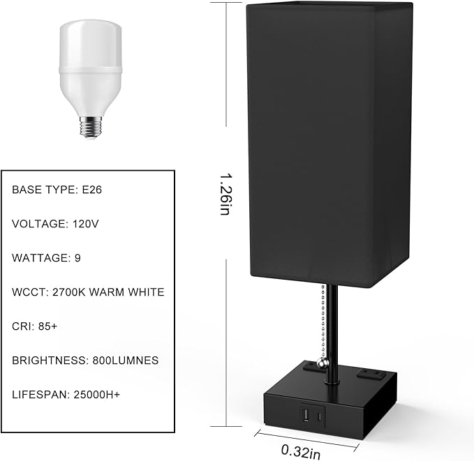 Table Lamp for Bedroom with USB,Bedside Lamp with USB C+A Charging Ports,Adjustable 3color LED Light for Home Decor/Nightstand/Office,Included Bulb and Fabric Lamp Shade (Linen Black, 1PCS)
