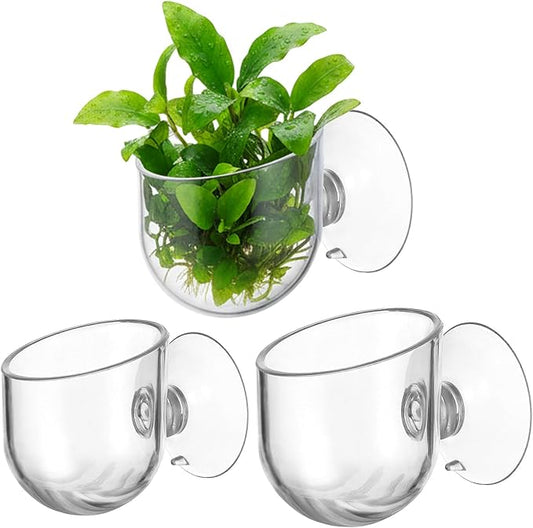 3 Pcs Aquarium Plant Holder, 2 Sizes Fish Tank Aquatic Plant Pot with Suction Cups, Red Worm Fish Feeder, Acrylic Clear Round Betta Tank Accessories for Water Feature Decoration