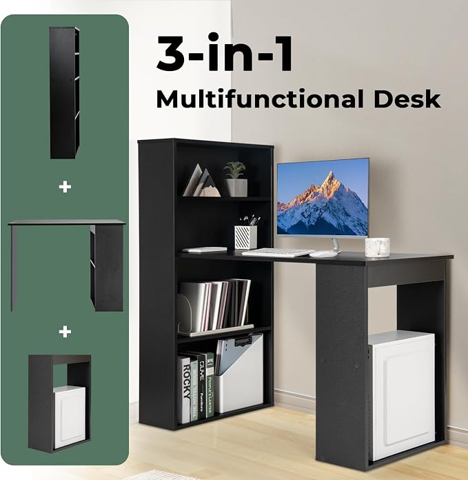 GRAFFY Computer Desk with 6 Storage Shelves - 48" Reversible Writing Desk Workstation with Bookshelf and CPU Stand, Modern Compact Office Desk for Bedroom, Study, Home, Office (Black)