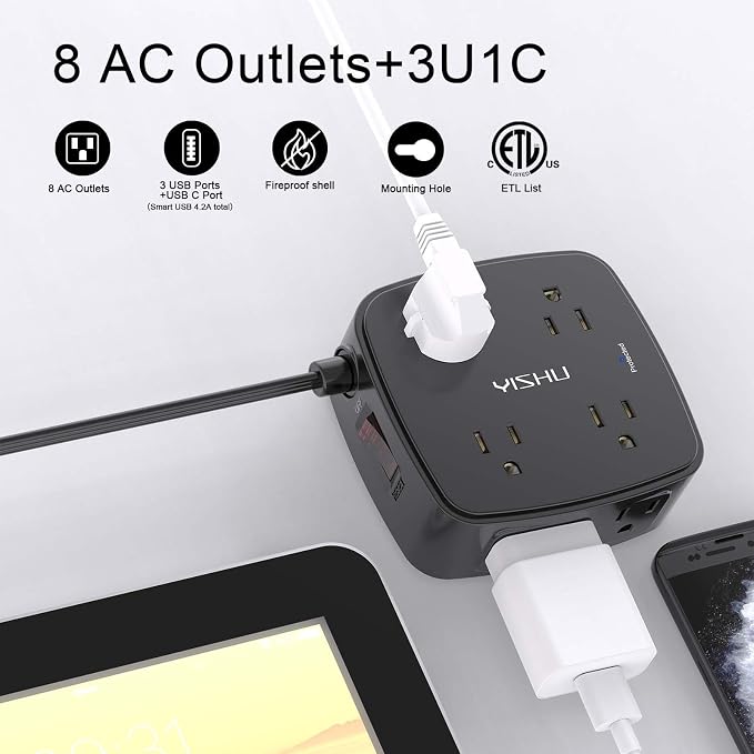 10 Ft Surge Protector Power Strip - YISHU 8 Widely Outlets with 4 USB Ports, 3 Side Outlet Extender with 10 Feet Flat Extension Cord, Ultra Flat Plug, Wall Mount, Desk USB Charging Station, ETL, Black
