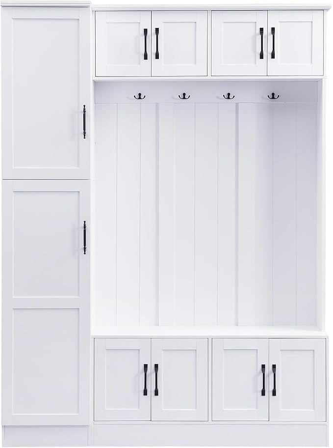 79'' Tall Modern Hall Tree with Shoe Storage and 4 Coat Hooks, 4-in-1 Entryway Bench with 6 Cabinets and Adjustable Shelf for Hallway, Living Room (White/33f)