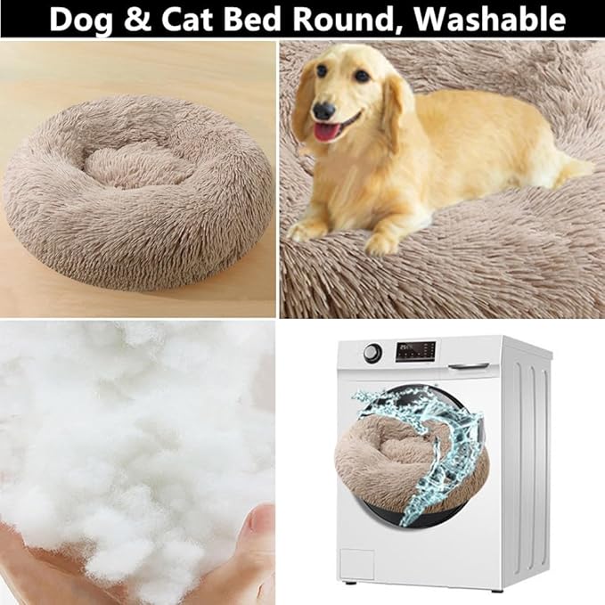 Large Calming Dog Bed, 47 Inch Anti-Anxiety Donut Dog Cuddler Cat Bed, Warming Cozy Soft Dogs Round Bed, Fluffy Faux Fur Machine Washable Pet Cushion for Medium Large Dogs & Cats (Coffee)