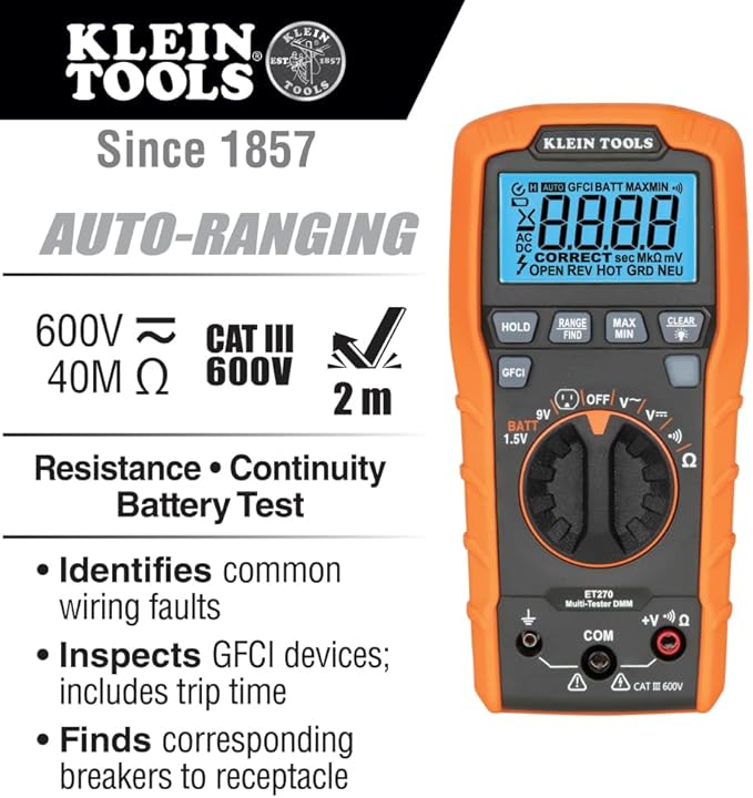 Klein Tools ET270 Auto-Ranging Digital Multi-Tester, AC/DC, Resistance & 70550 Hex Wrench Key Set, 11 SAE Sizes, Heavy Duty Folding Allen Wrench Tool with Extra Long Hex Keys