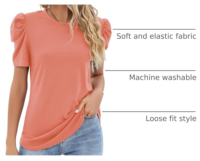 Ivicoer Puff Short Sleeve Shirt for Women Eyelet Tops Summer Crewneck Blouse Loose Fit S-XXL