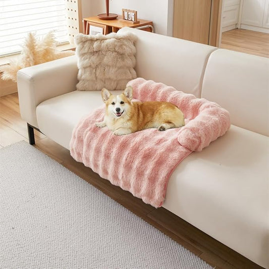 Calming Dog Bed Mat, Fluffy Fuzzy Couch Cover for Sofa, Winter Thickened Pet Mat with Anti-Slip Bottom Warm Soft Cushion Washable Pet Bed for Small Dogs and Cats (Pink, 90x90cm/35.4x35.4in)