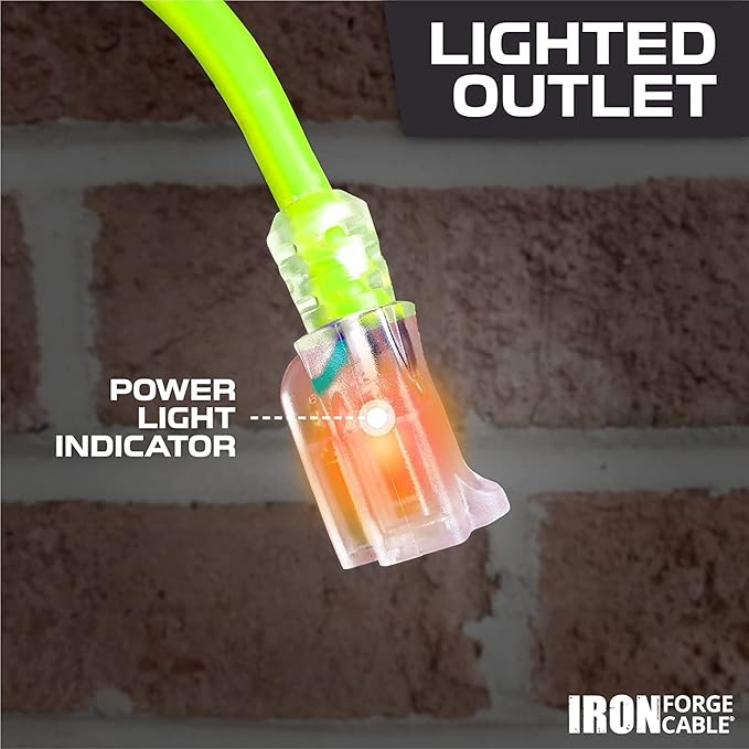 Iron Forge Cable Weatherproof 25 Ft Outdoor Extension Cord - 16/3 SJTW 13 Amp Heavy Duty Neon Green High Visibility Cable with 3 Prong - Lighted End