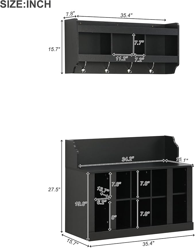 Shoe Storage Bench with Shelves and 4 Hooks, Entryway Hall Tree with Shoe Cabinets with Coat Rack