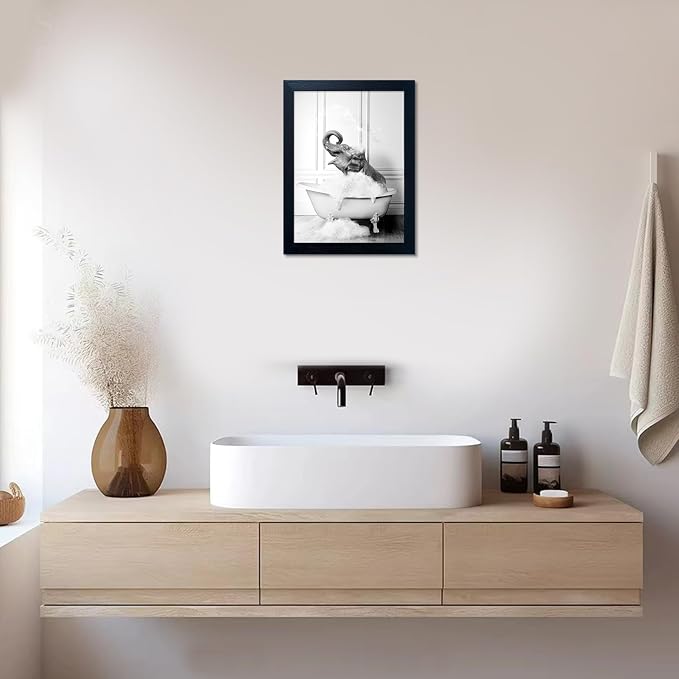 Framed Bathroom Decor Wall Art Elephant in Bathtub Pictures Wall Decor Funny Black and White Animal Canvas Print Artworks for Bathroom