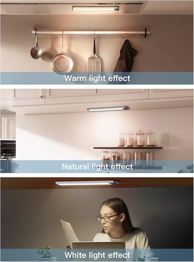 Under Cabinet Lights (2 Pack) - Rechargeable Battery Operated 52 LED 3 Color Motion Sensor Night Light, Dimmable, Ideal for Kitchen, Closet, & Other Indoor Spaces