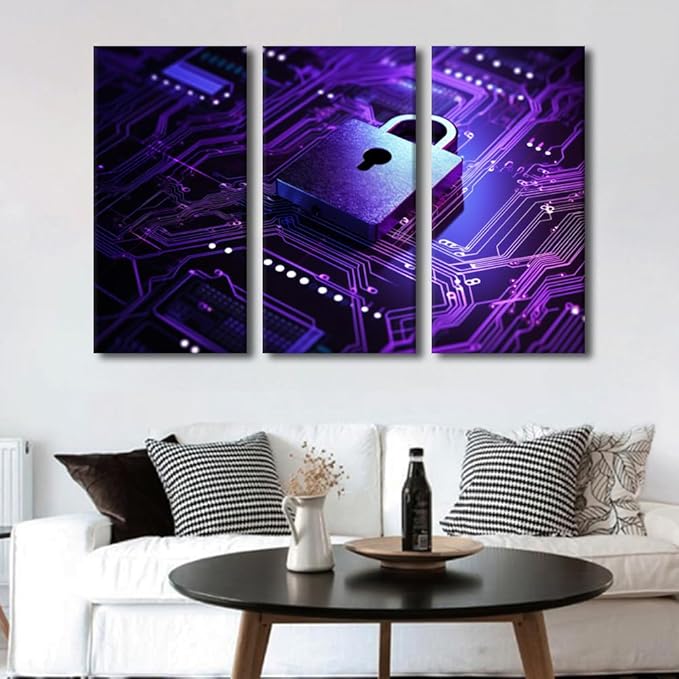 3 Panel Canvas Wall Art Padlock on Circuit Board Background Neon Purple Created Pictures Print On Canvas for Home Decoration, Stretched Framed Gallery-Wrapped Ready to Hang, 60" Wx40 H