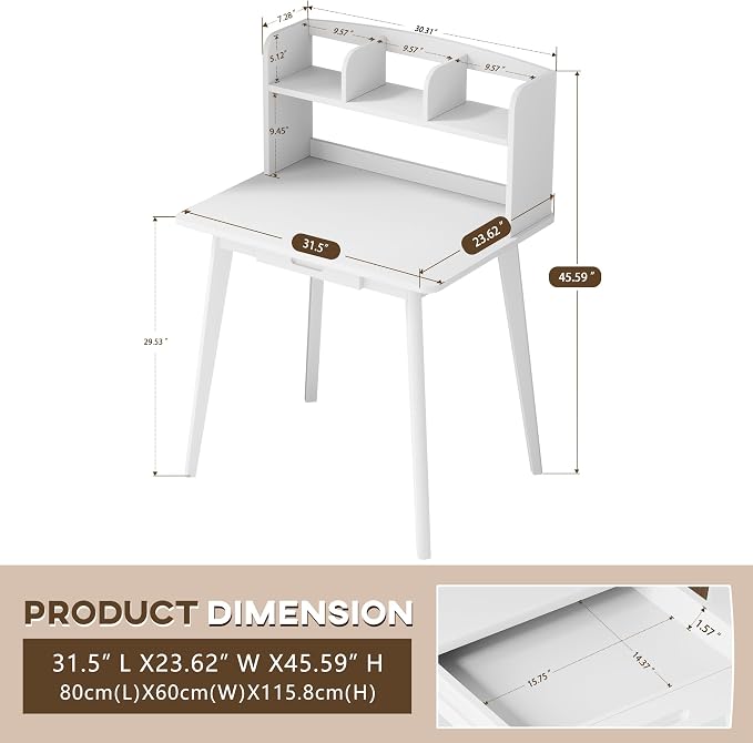 IOTXY Small Writing Desk with Hutch - 31.5" Work Computer Study Table | White , Storage Drawer, Space-saving for Home and Office, with Bookshelves