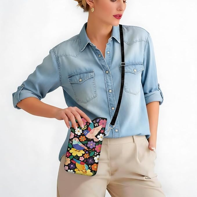 Floral Phone Pouch Phone Crossbody Sleeve Birds Colorful Nylon Neoprene Waterproof Cellphone Bag Case with Strap Neck Lanyard Protective Carrying Cover Fits Most Smartphones 7.1 x 3.9 Inch