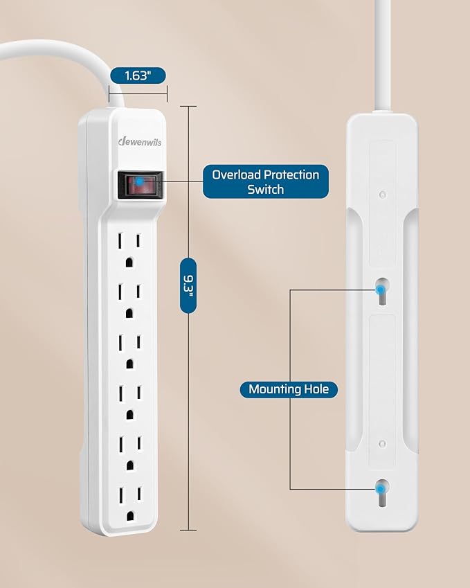 DEWENWILS 6-Outlet Power Strip Surge Protector, 15FT Long Extension Cord, Low Profile Flat Plug, 15 Amp Circuit Breaker, 500 Joules, Wall Mount, White, UL Listed