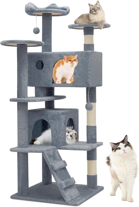 Athena Collection Cat Tree, 54 Inch Multi-Level Cat Activity Center with 2 Cat Condo & Scratching Post & Dangling Ball for Indoor Cats, Light Gray
