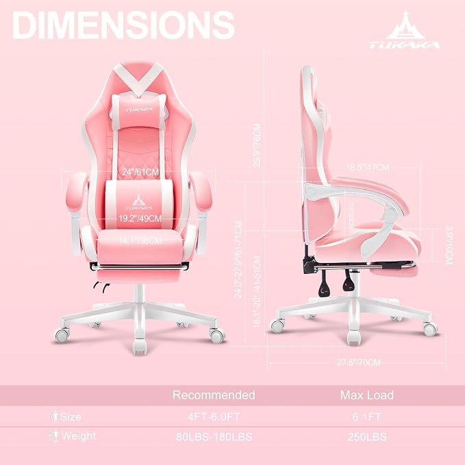 Gaming Chair,Ergonomic Massage Office Desk Chair with Footrest,Pink | Pocket Spring Cushion,Reclining,Thick High Back,Headrest and Lumbar Support,Adjustable Leather Computer Chair Gamer Chair