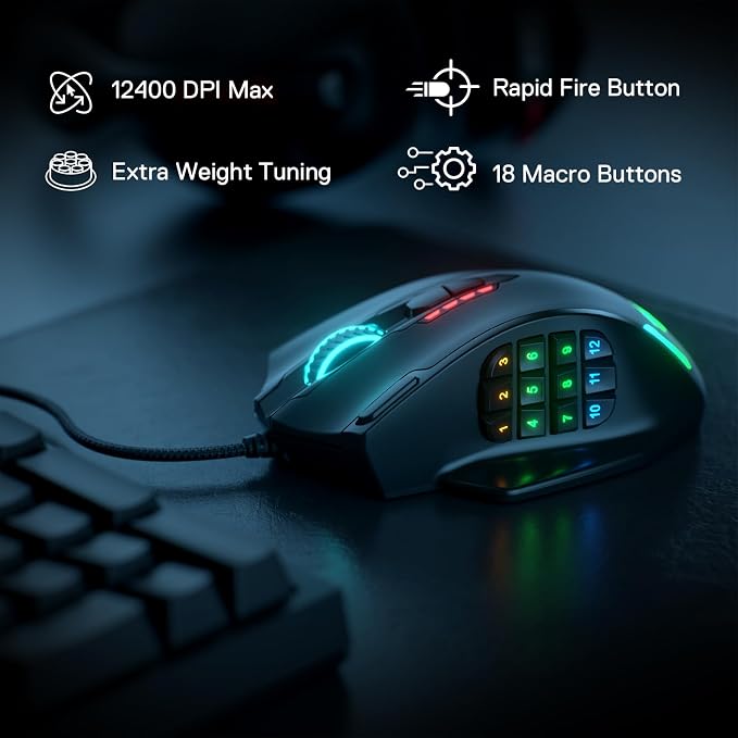 Redragon M908 Wired MMO RGB Gaming Mouse 12400 DPI Remapping Keys | Stable Lag-Free Connection, Redefine Keybinding Macro, Vibing Backlight, Ergonomic Grip Body Comfort